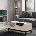 SIMPLIHOME Oregon 42 inch Wide Transitional Rectangle Storage Ottoman Bench with Tray in Satin Cream Vegan Faux Leather, Assembled, For the Living Room, Entryway and Family Room