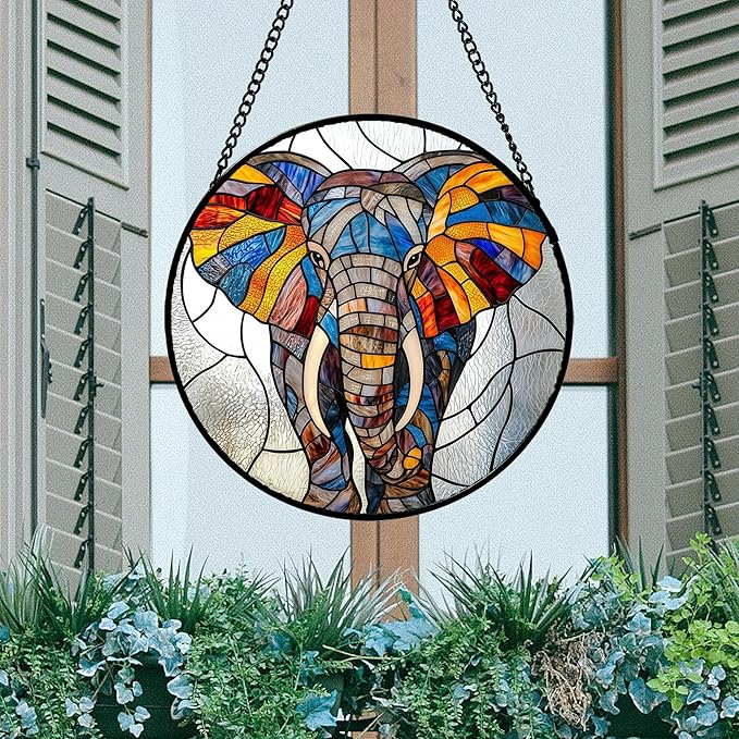 Stained Glass Window Hanging, Colorful Elephant Sun Catcher for Door Home Decor Animal Suncatcher Christmas Mother's Day Birthday Gifts for Women Men Mom and Nana 15 in