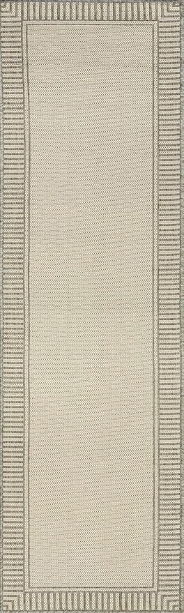 nuLOOM 2' x 8' Outdoor Area Rug, Casual Design with Striped Border, Stain Resistant, Highly Durable, for Patio, Balcony, Bedroom, Living Room, Dining Room, Bathroom, Light Grey