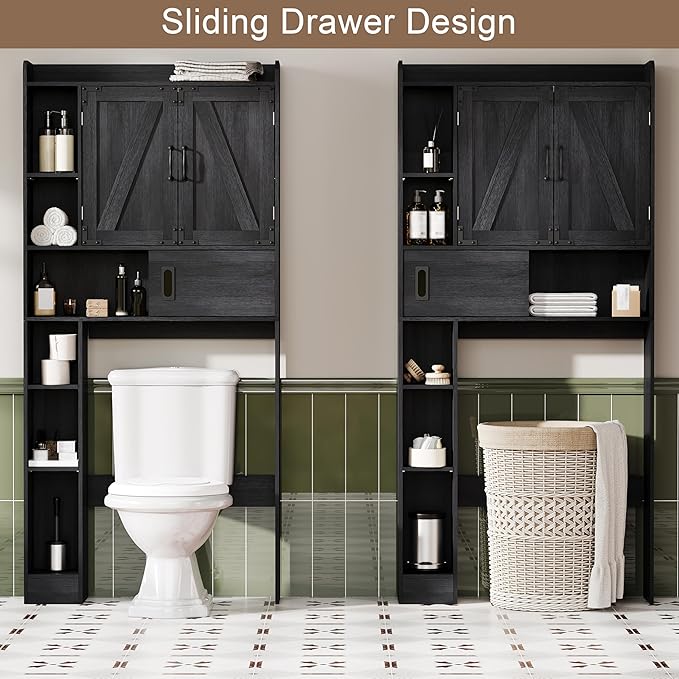 ChooChoo Over The Toilet Storage Cabinet, Farmhouse Bathroom Storage Cabinet with Sliding Door, Over Toilet Storage with Adjustable Shelves, Space-Saving, Black
