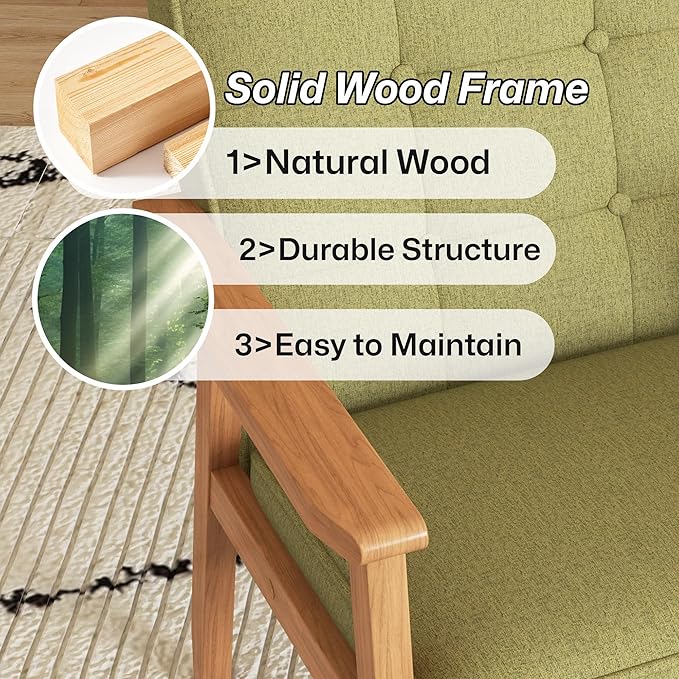 Modern Accent Chair with Arm Rest Set of 2, Upholstered Linen Fabric Leisure Chair Comfy Side Chair with Backrest Button and Wooden Frame for Living Room Bedroom Reading(Green)
