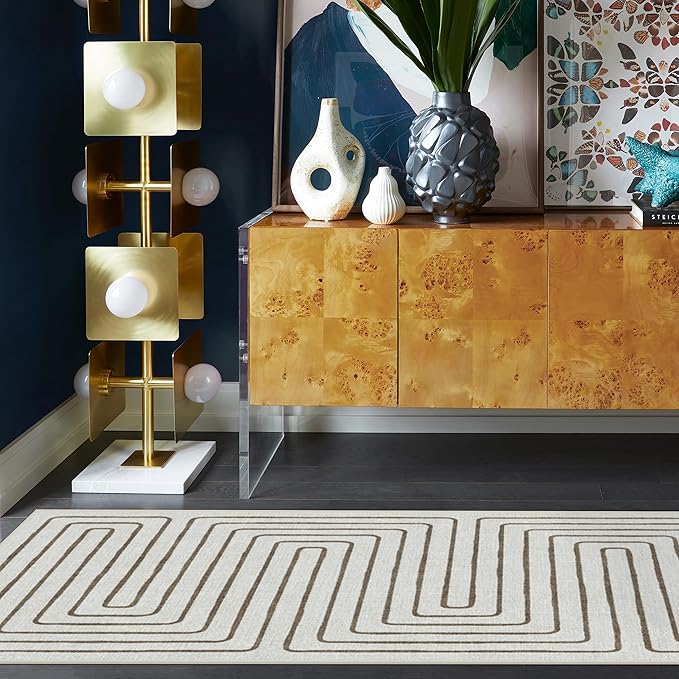 RUGGABLE x Jonathan Adler Machine Washable Modern Runner Rug – Labyrinth Camel/Ivory 2.5x7, Stain-Resistant, Non-Slip – Washable Rug for Hallway, Entryway, Living Room & Kitchen–with Cushioned Pad