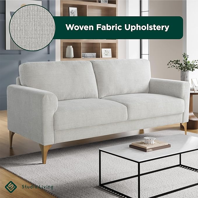 Studio Living® Matthew 75.6" Sofa, Mid-Century Modern, Pocket Coil Comfort, Metal Brushed Bronze Legs, Chenille Fabric, Ivory