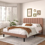 VECELO Full Size Bed Frame with Upholstered Headboard, Velvet Platform Bedframe Mattress Foundation, Strong Wood Slat Support, No Box Spring Needed,Tan Brown