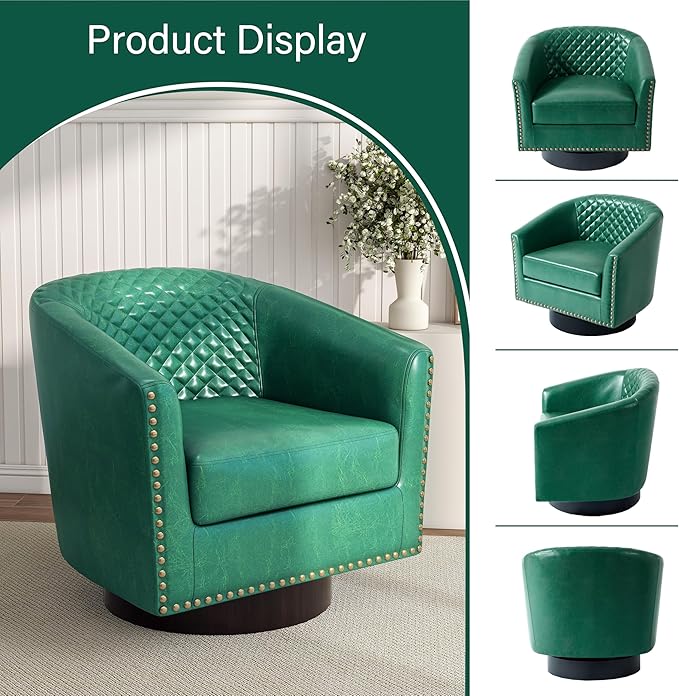 Pia Ricco Faux Leather Swivel Barrel Accent Chairs, 360° Swivel Round Single Sofa Chair, Comfy Upholstered Club Armchair with Nailhead Trim for Living Room/Reading Room/Bedroom, Green