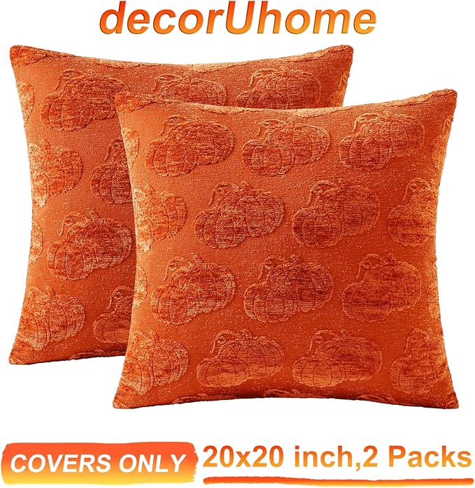 decorUhome Decorative Two Rust Pumpkins Thanksgiving Throw Pillow Covers 20x20 Set of 2, Soft Chenille Jacquard Farmhouse Textured Pillow Covers for Couch Bed Sofa Autumn Harvest Halloween Holiday