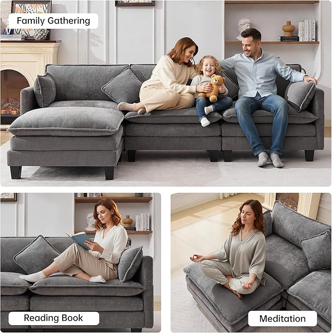 108" Modern L-Shaped Sectional Sofa with USB & Type-c Port Charger, Modular Cloud Couch, Deep Seating Chenille Fabric 4-Seater with Ottoman and Pillows for Living Room (Grey)
