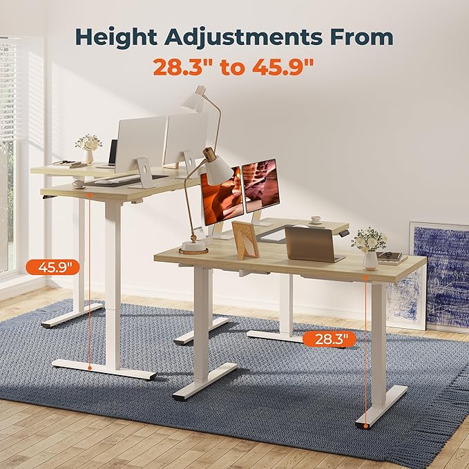 L-Shaped Standing Desk, 63 x 55 Inches Height Adjustable Desk, Sit and Stand up for Work Office Home, Ergonomic Rising Computer Table for Home Office with Splice Board, Maple