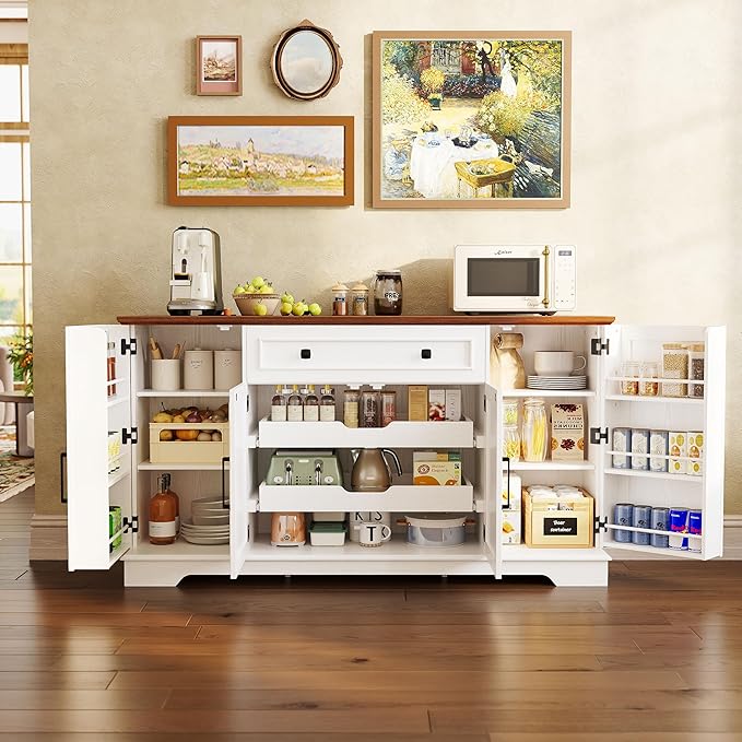 IRONCK 56” Farmhouse Sideboard Buffet Cabinet with 4 Doors and 1 Drawer, Buffet Table with Hidden Removable Drawers, 4 Adjustable Shelves, Dining Room Storage Cabinet for Kitchen or Living Room, White