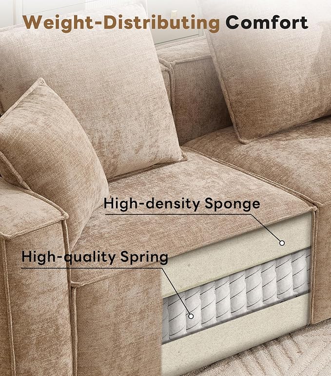 WILLOVE 141'' Modular Sectional Sofa, Chenille Cloud Couch with Wide Armrests & 6 Pillows, Deep Seat Couches for Living Room, Khaki