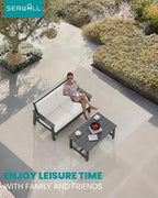 SERWALL HDPE Outdoor Patio Loveseat, Grey Frame and Khaki Cushion