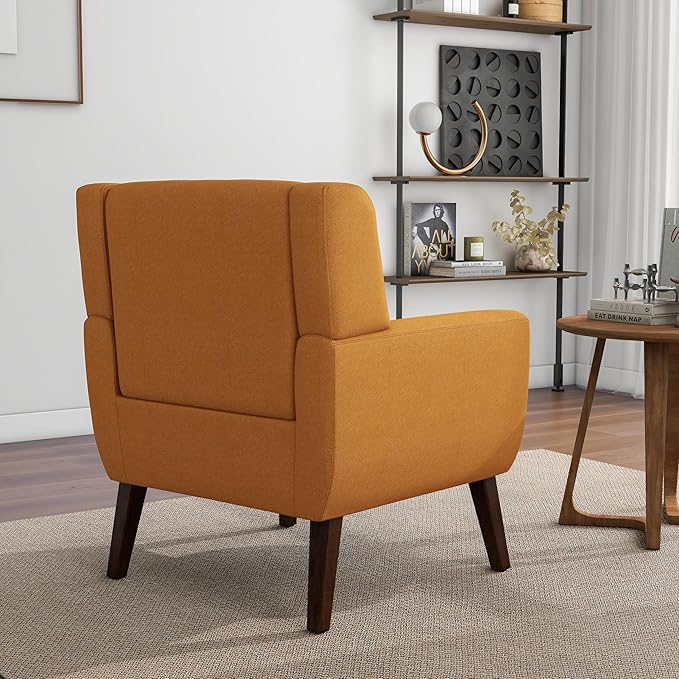 Accent Chair, Mid-Century Modern Fabric Chairs with Arms for Living Room, Comfy Upholstered Club Single Sofa Armchair for Bedroom Waiting Room with Solid Wood Frame (Fabric Orange, Set of 1)