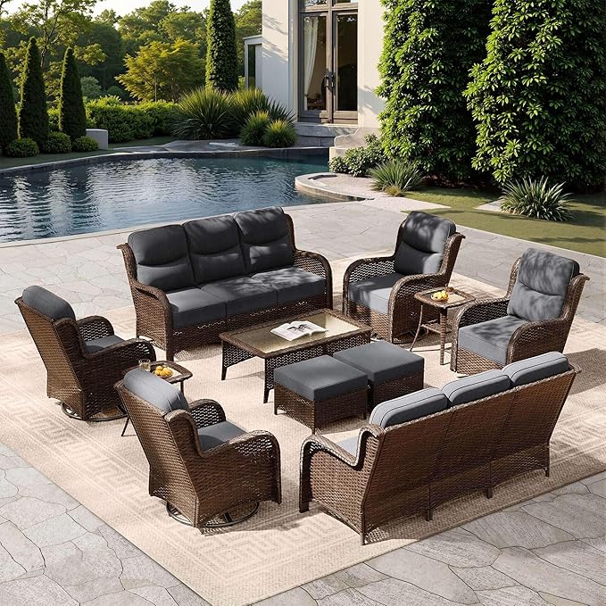 HILLGA Luxury Patio Furniture Set with 6-Inch Thick Cushions, High Back Outdoor Swivel Rocker Chairs and Patio Couch, 11-Piece All Weather Conversation Set for Porch Deck Pool Yard, Dark Grey (V3)