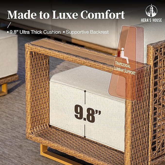 HERA'S HOUSE 4 Pieces Patio Furniture Set, Sectional Outdoor Rattan Wicker Sofa, All Weather Patio Conversation Set with 5.3" Widened Armrest, 10" Ultra Thick Comfy Sponge Cushion, Patio Couch