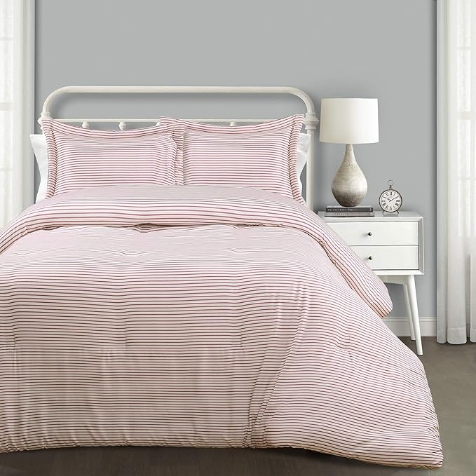 Lush Decor Farmhouse Stripe Reversible Cotton Comforter Set, 3 Piece Set, Full/ Queen, Red - Cozy F𝚊rmhouse Bedding Set - Rustic Decor - Striped Comforter - Modern Farmho𝚞se Bedroom Decor