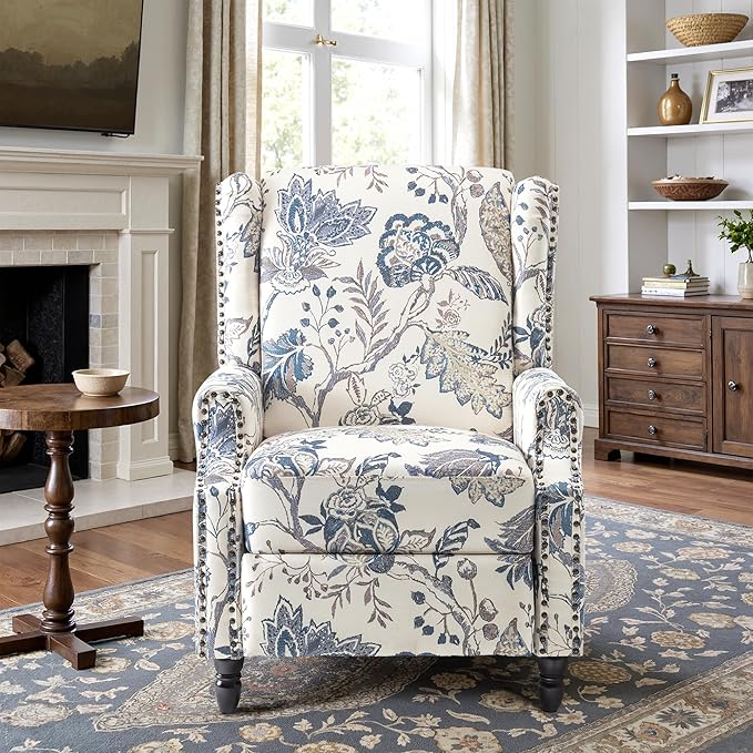 Accent Chair, Upholstered High Back Floral Armchair with Nailhead Trim & Wood Legs, Comfy Wingback Reading Single Sofa Chair for Small Spaces, Living Room, Bedroom