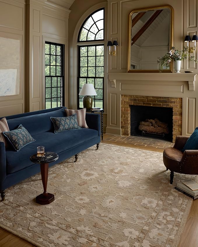 Loloi Chris Loves Julia Dorothea Collection DRT-02 Khaki/Dove 9'-3" x 13' Area Rug Wool Neutral Floral Living Room Bedroom Carpet