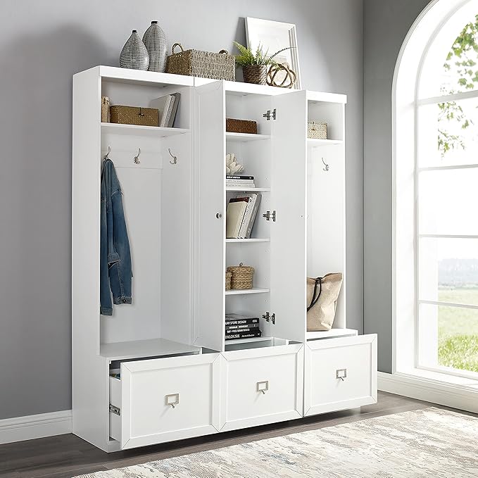 Crosley Furniture Harper 3-Piece Hall Tree and Storage Cabinet Set with Entryway Bench and Hooks for Hanging, White