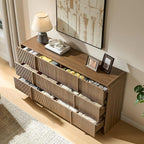 AMERLIFE 63" Fluted 6 Drawer Dresser, Wide Modern Chest of Storage Drawers with Pine Handles, Rounded Corners & Anti-Tip, Wood Drawer Organizer for Cloth, Bedroom, Living Room, Hallway, Dark Walnut