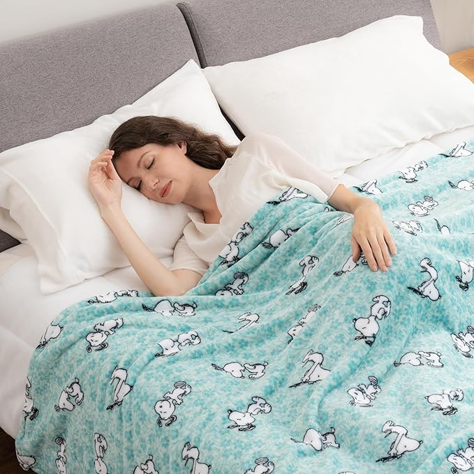 Berkshire Blanket Peanuts® VelvetLoft® Cute Character Snoopy Plush Blanket,Snoopy Springtime Floral Dance Large Blue,Full/Queen 90 in x 90 in (Official Peanuts® Product)