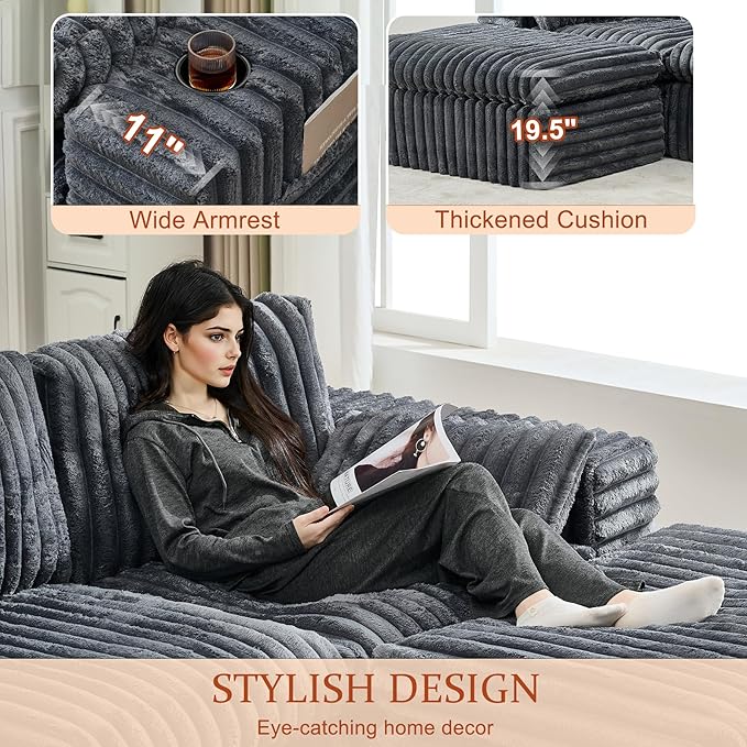 114" Cloud Boneless Sectional Couches for Living Room, Modular Sectional Sofa with Cup Holder, Cozy Fluffy L Shaped Deep Seat Couch with Storage Pocket, No Assembly Required, Dark Grey