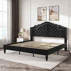 SHA CERLIN King Size Platfrom Bed Frame with Adjustable Headboard/Velvet Upholstered Diamond Button Tufted and Metal Studs/No Box Spring Needed/Easy Assembly/Wooden Slat Support/Black