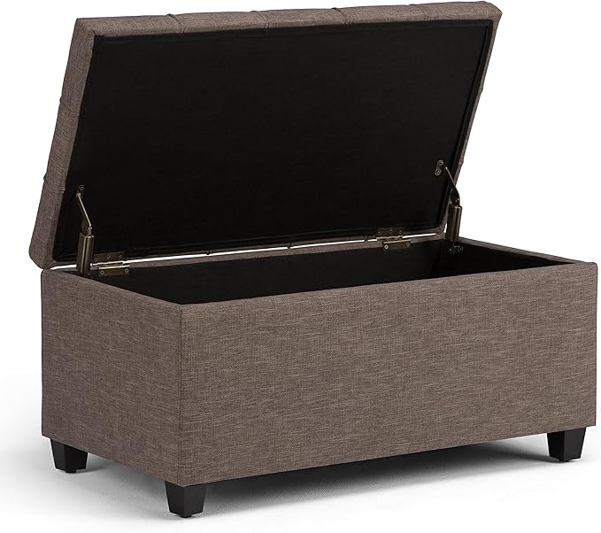 SIMPLIHOME Sienna 33 inch Wide Transitional Rectangle Storage Ottoman Bench in Fawn Brown Linen Look Fabric, Assembled, For the Living Room, Entryway and Family Room