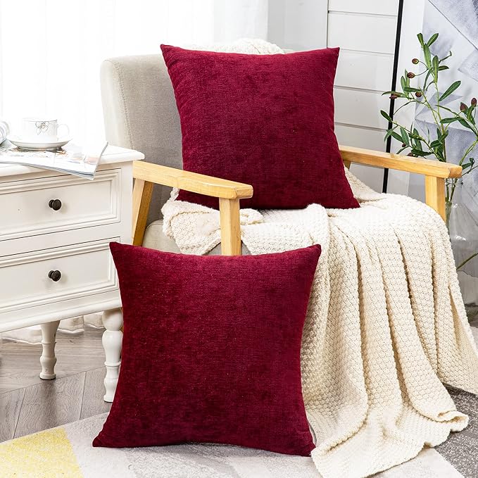 GAWAMAY Decorative Square Throw Pillow Covers 20"x20" Inch Set of 2, Super Soft Chenille Pillows Farmhouse Fall Pillowcase for Living Room Bedroom Sofa Couch Cushion Cover Burgundy Red 50x50cm