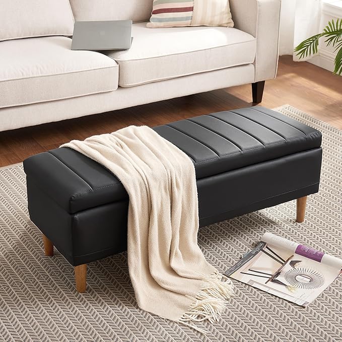 VECELO 44.5" Storage Ottoman Bench, End of Bed Bench with 2 Machined Gas Spring Lid Supports, PU Leather Upholstery & Solid Wood Legs for Living Room, Bedroom, Entryway, Modern Black