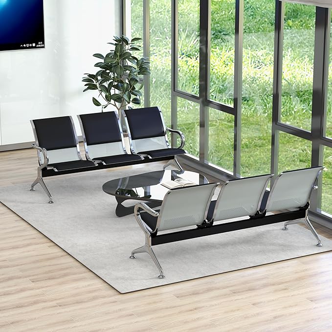 Kinsuite 3-Seat Waiting Room Bench - PU Leather Waiting Room Chairs with Arms & Non-Slip Foot Mats, Reception Chairs Guest Chair for Office Airport Bank Salon, Black
