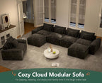 Hobestluk 152" Cloud Modular Sectional Couch 4-Seater Sofa with Ottomans U Shaped Couch Deep Seat Sofa with Removable Cover for Living Room (Dark Grey, 4-Seater Sofa with Two Ottomans)