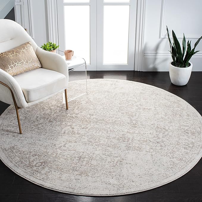 SAFAVIEH Evoke Collection 6'7" Round Ivory / Taupe EVK256E Oriental Distressed Non-Shedding Dining Room Entryway Foyer Living Room Bedroom Area Rug