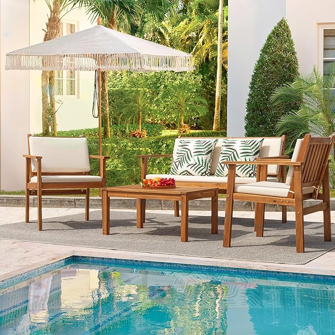 Flamaker Patio Furniture 4 Piece Outdoor Acacia Wood Patio Conversation Sofa Set with Table & Cushions Porch Furniture for Deck, Balcony, Backyard