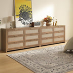 SICOTAS Rattan Dressers for Bedroom Set 2, Large 6 Drawer Dresser Long Chest of Drawers, Dresser Farmhouse TV Stand for Bedroom, Living Room, Nursery, Closet (Reclaimed Caramel Oak, 2 Pieces)