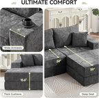79" Boneless Cloud Loveseat Sofa Couch, Modular Foldable Floor Sofa with Ottoman, Chenille Lounge Convertible Sofa Bed for Living Room, No Assembly, Dark Grey