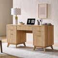 T4TREAM Fluted Executive Desk with Drawers, 60" Modern Home Office Computer Desk with Charging Station, File Cabinet, Keyboard Tray and Storage Cabinet for Study, Living Room, Bedroom, Natural Oak