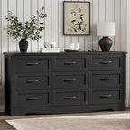 Dresser for Bedroom with 9 Drawers, 63" Wide Wood Chest of Drawers with Deep Drawers & Mental Handle, Modern Dresser TV Stand, Wooden Closet Storage Organizer for Living Room, Hallway, Entryway, Black