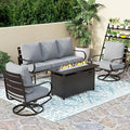 PHI VILLA 4 Piece Patio Furniture with Metal FirePit Table, 1 x 3-Seat Wide Deep Seating Bench & 2 x Swivel Sofa Chairs, 5.75" Thick Cushioned Outdoor Furniture Conversation Set for 5, Grey