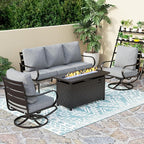 PHI VILLA 4 Piece Patio Furniture with Metal FirePit Table, 1 x 3-Seat Wide Deep Seating Bench & 2 x Swivel Sofa Chairs, 5.75" Thick Cushioned Outdoor Furniture Conversation Set for 5, Grey