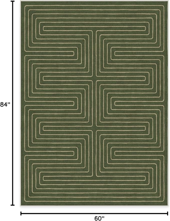 RUGGABLE x Jonathan Adler Machine Washable Modern Area Rug – Labyrinth Fern Green 5x7, Stain-Resistant, Non-Slip – Medium Rugs for Living Room, Bedroom, Hallway, Entryway & Office–with Standard Pad