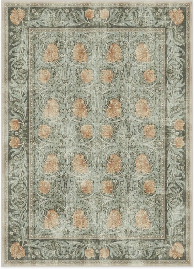 RUGGABLE x Morris & Co Washable Area Rug – Pimpernel Vintage Green 5x7, Stain-Resistant, Non-Slip – Medium Machine Washable Rugs for Living Room, Bedroom, Hallway, Entryway & Office–with Standard Pad