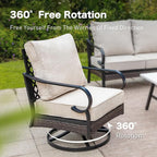 5 Piece Metal Outdoor Patio Furniture Set, Patio Conversation Sets 3-Seater Sofa, 2-Seater Sofa, 2 Swivel Chair with 5.75" Thick Cushion & Coffee Table Black Backyard Furniture, Beige