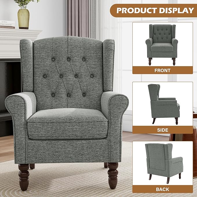 Pia Ricco Mid-Century Modern 2-Piece Wingback Chair Set - Plush Upholstered Accent Chairs with Solid Wood Legs, High Back Lounge Seating for Living Room, Bedroom & Office - Retro Matched Pair (Gray)