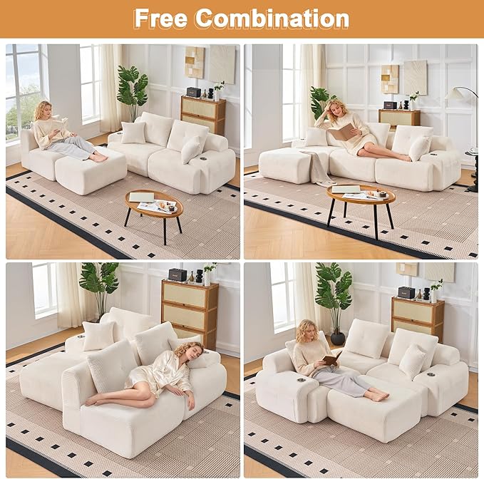 118" Modular Sectional Sofa, Cloud Sectional Couch with Deep Seat, Modern Modular Sofa with L Shaped Comfy Cloud Upholstered Boneless Couches for Living Room Bedroom, White