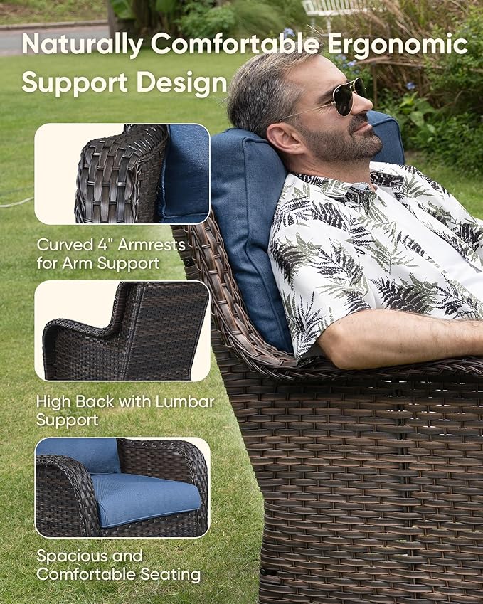 HUMMUH 4 Piece Outdoor Patio Furniture Set Wicker Conversation Bistro Set Swivel Rocker Chairs with 2pcs Ottomans for Backyard, Porch, Balcony