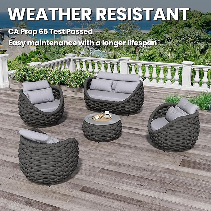 Fully Assembled Patio Furniture Set: 5 Pieces Woven Rope Outdoor Conversation Set Cushioned - Modern Metal Deck Loveseat Chair Table Set - Porch Seating for Courtyard Garden Pool Balcony Hotel