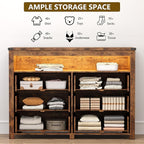 Dresser for Bedroom with 6 Drawers, Wide Chest of Drawers with LED Light and Power Outlet, Wooden Closet Organizer Clothes Storage Cabinet, Modern Double Dressers for Living Room, Hallway, Brown