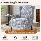 Wingback Accent Chair, High Back Upholstered Armchair, Printed Fabric Wingback Arms Chairs with Wood Legs, Single Sofa Reading Chair for Bedroom Living Room, Navy
