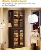 Tribesigns Black Shoe Storage Cabinet with Acrylic Doors and LED Lights, 8-Tier Tall Entryway Shoe Organizer Rack with Adjustable Shelves & Hanging Hooks for Narrow Closet, Hallway, Living Room