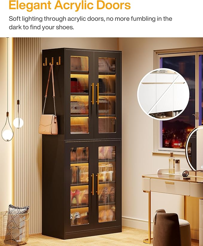 Tribesigns Black Shoe Storage Cabinet with Acrylic Doors and LED Lights, 8-Tier Tall Entryway Shoe Organizer Rack with Adjustable Shelves & Hanging Hooks for Narrow Closet, Hallway, Living Room